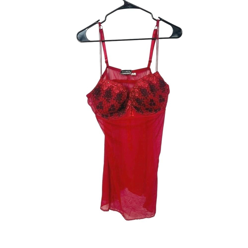 Y2K Red Mesh Babydoll Nightie 2X Lace Trim Coquette‎ Romantic Goth Lingerie VTG